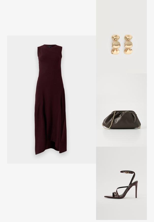 Burgunderfarbenes ärmelloses Kleid mit taillierter Oberseite, gerippter Textur und asymmetrischem Saum. Mit diagonalen Nahtdetails.; Bordeaux-farbenes Lackleder-High-Heel-Sandale mit einem Knöchelriemen, spitzem Zehenbereich und drei horizontalen Riemen über dem Fuß. Details mit goldfarbener Schnalle.; Braune Lederhandtasche mit gerafftem Design, goldenen Kettenriemen und weicher, strukturierter Oberfläche. Kompakte Form, die sich für den abendlichen Gebrauch eignet.; Ohrhänger in Goldoptik mit drei unregelmäßigen, glatten, abgerundeten Segmenten, die vertikal auf einem schlichten, hellen Hintergrund gestapelt sind.