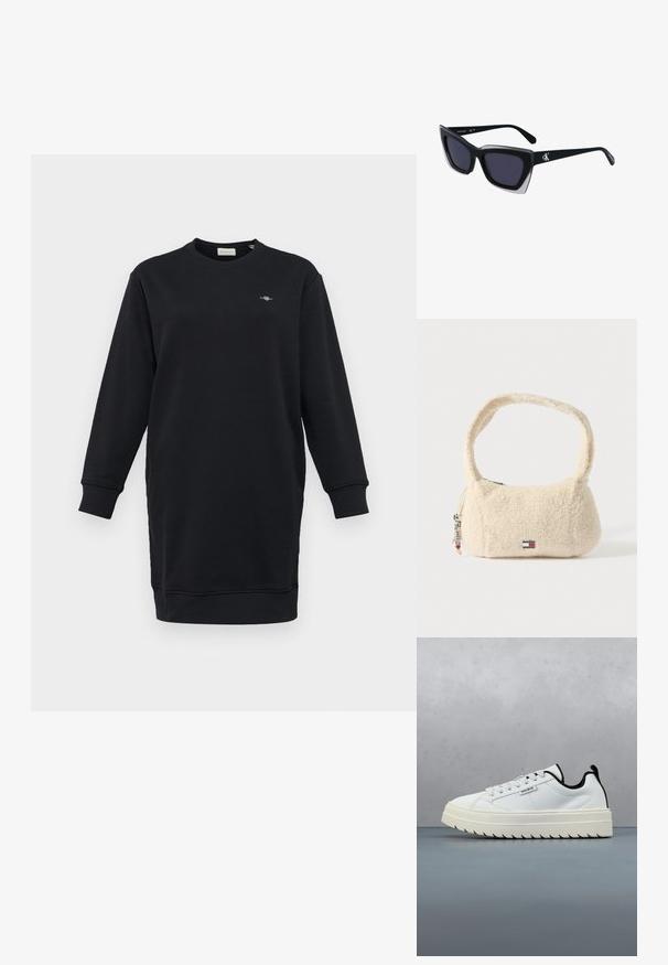 Sort sweatshirtkjole med lange ærmer, rund halsudskæring, ribbede manchetter og et lille broderet logo på brystet. Glat stoftekstur.; Hvide lædersneakers med en chunky, struktureret sål med et tandet design. Sorte detaljer på hælen og tungen giver kontrast.; Store sorte oversized solbriller med geometrisk form, med mørke linser og en kontrasterende grå detalje på stellet. Logo på armen.; Kremfarvet håndtaske lavet af blødt, tekstureret materiale med en buet rem, rund form, lynlåslukning og en accent med mærkelogo.