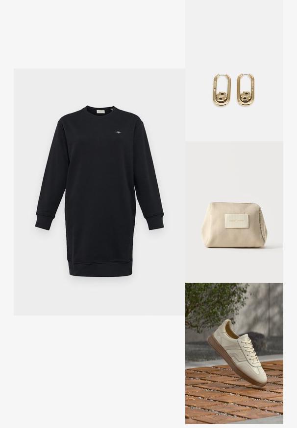 Sort sweatshirtkjole med lange ærmer, rund halsudskæring, ribbede manchetter og et lille broderet logo på brystet. Glat stoftekstur.; Sneakers i cremefarve med en struktureret beige gummisål, snøredesign og diskret brand på siden. Overdel i glat læder.; Beige ribbet stofpose med lynlås i toppen og rektangulært mærke med prægede bogstaver foran, sat mod en ensfarvet hvid baggrund.; BOSS DOUBLE B SWING - Øreringe - gold-coloured