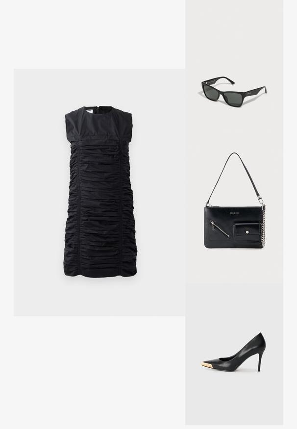 Robe noire sans manches avec une texture plissée, ornée de fronces verticales et d'un col haut. Fermeture à glissière dans le dos. Silhouette élégante et ajustée.; Pompe à talon haut en cuir noir avec bout pointu ; présente une accentuation métallique dorée sur le capuchon. Surface lisse avec un design épuré.; Lunettes de soleil noires rectangulaires avec des verres foncés, monture en plastique élégante et design minimaliste. Présente un logo discret sur la branche.; Sac à bandoulière en cuir noir Michael Kors avec fermeture éclair supérieure, poche avant zippée en diagonale, poche à rabat avec bouton-pression et détail en chaîne argentée.