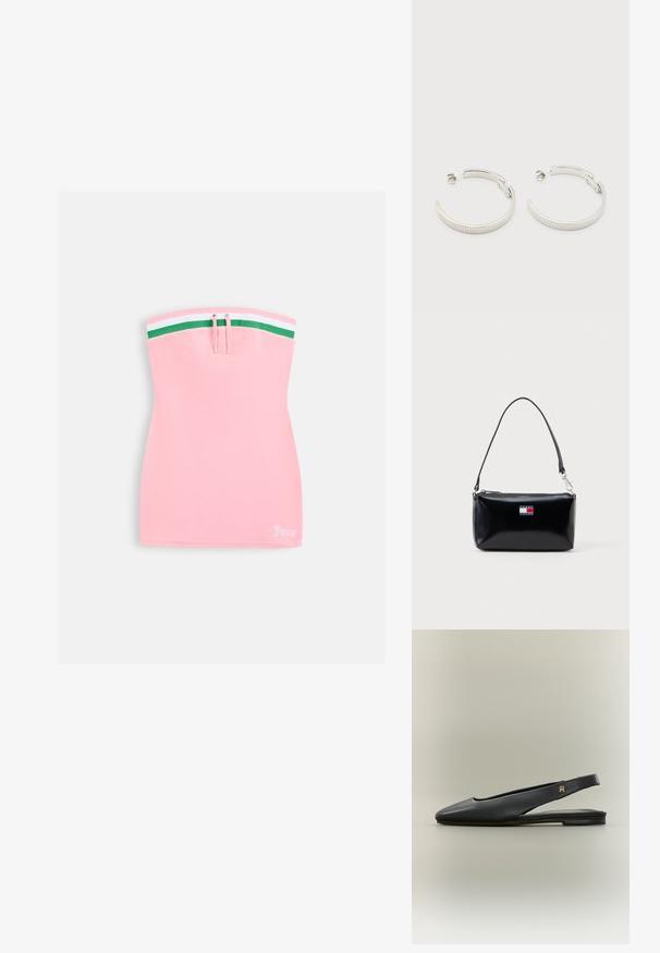 Robe mini rose bustier avec bordure rayée verte et blanche en haut, détail à cordon, et petit logo blanc "Juicy" à l'ourlet inférieur.; Chaussure plate noire en cuir à bride arrière avec bout pointu et accent logo doré sur la bride, présentée sur un fond neutre.; Boucles d'oreilles demi-cercles ton argent avec texture striée et fermoirs à pression sur fond blanc.; Sac à bandoulière rectangulaire noir avec une courte sangle et le logo Tommy Jeans en rouge, blanc et bleu au centre avant.