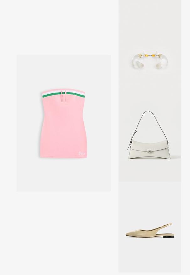 Robe mini rose bustier avec bordure rayée verte et blanche en haut, détail à cordon, et petit logo blanc "Juicy" à l'ourlet inférieur.; Chaussure plate beige à bout pointu avec bride arrière, petit talon noir et finition en cuir lisse, vue de côté sur un fond uni.; Sac à bandoulière en cuir blanc avec rabat incurvé, bordure noire, sangle réglable et boucle décorative argentée sur fond uni.; Boucles d'oreilles en acrylique transparent avec accents dorés, présentant un design incurvé et un fermoir transparent. Texture lisse, style minimaliste.