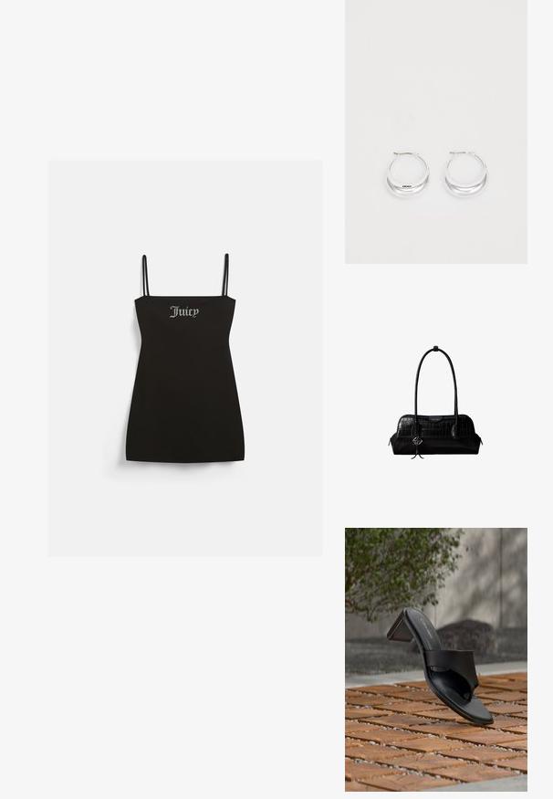 Čierne šaty bez rukávov s tenkými ramienkami, vyrobené z jemnej látky. Na prednej strane sa nachádza strieborný trblietavý nápis "Juicy".; Čierna sandála Calvin Klein na podpätku s prstovou slučkou na drevenej dlažbe vonku pri strome a kamennom múre.; Čierna kožená kabelka na rameno s krokodílou štruktúrou, dlhými remienkami a malým strieborným príveskom s logom na jednom remienku.; Strieborné kruhové náušnice s lesklým povrchom a značkou DKNY, vystavené na rovnom bielom pozadí.