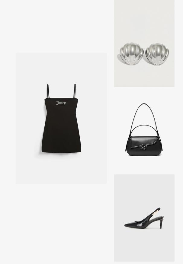 Sort udenærmet kjole med fine stropper, lavet af blødt stof. Har et sølv rhinestones "Juicy" logo på forsiden.; Sort læder slingback højhælede sko med spidse tæer, glat overflade og en smal ankelrem med guldfarvede hardware detaljer.; Sort skuldertaske i læder med en buet klap, der er fastgjort med en rund metal spænde, og en slank, justerbar rem.; To sølvfarvede kompakte spejle formet som muslingeskaller med ribbede detaljer, placeret side om side på en hvid baggrund.