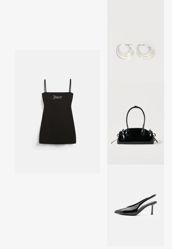 Čierne šaty bez rukávov s tenkými ramienkami, vyrobené z jemnej látky. Na prednej strane sa nachádza strieborný trblietavý nápis "Juicy".; Čierne lakované slingback lodičky na vysokom podpätku so špicatou špičkou a tenkým ihličkovým podpätkom na bielom pozadí.; Malá čierna lesklá kabelka s dvoma dlhými rúčkami a bočnými šnúrkovými detailmi na jednoduchom svetlom pozadí.; Strieborné kruhové náušnice s tromi vrstvenými polkruhovými pásmi, jeden zdobený malými čistými kryštálmi na svetlom pozadí.
