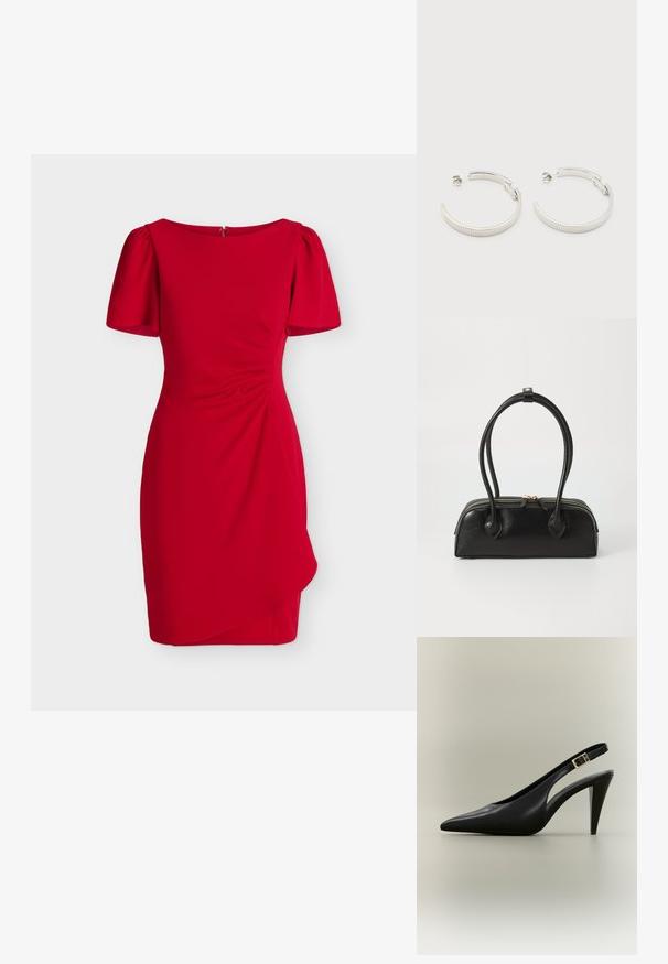 Robe rouge longueur genoux avec manches courtes bouffantes, encolure ronde, fronces latérales et ourlet asymétrique drapé.; Escarpin à bride arrière en cuir noir avec bout pointu, boucle dorée et talon effilé sur un fond neutre.; Sac à main en cuir noir avec deux anses allongées, fermeture éclair et forme arrondie ; texture lisse avec une finition légèrement brillante.; Boucles d'oreilles demi-cercles ton argent avec texture striée et fermoirs à pression sur fond blanc.