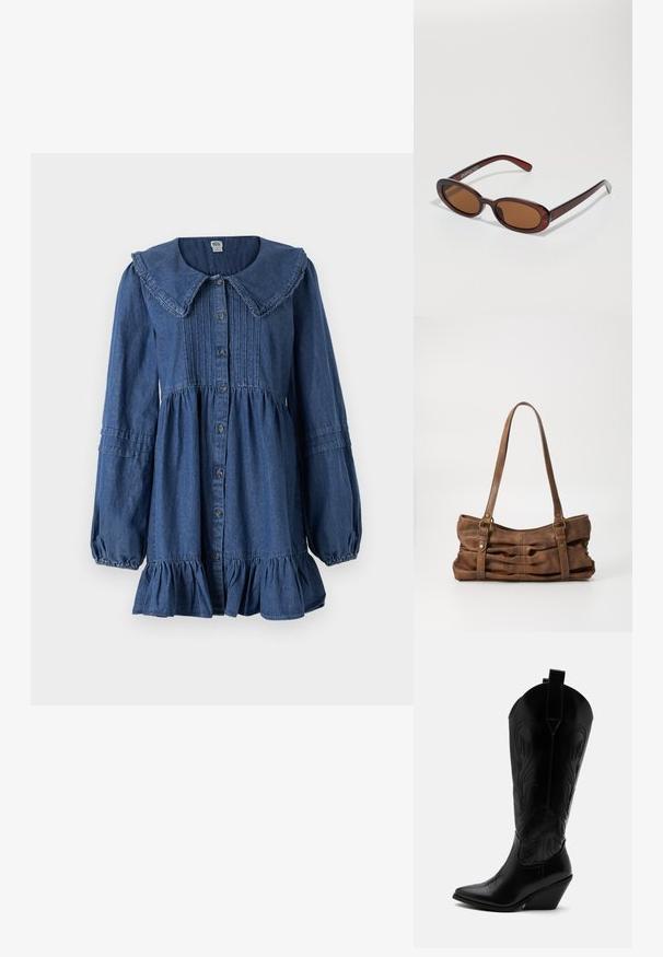 Vestido de mezclilla azul con un gran cuello, botones en la parte delantera, mangas largas, cintura fruncida y dobladillo acampanado con volantes. Textura suave y costuras detalladas.; Bota de vaquero de cuero negro con punta puntiaguda, tacón bloqueado inclinado, costuras decorativas y lengüetas en la parte superior sobre fondo blanco.; Gafas de sol redondas con tinte marrón y un marco burdeos brillante. Patillas delgadas con un sutil detalle de marca. Diseño de lentes planos.; Even&Odd Bolso de mano - brown