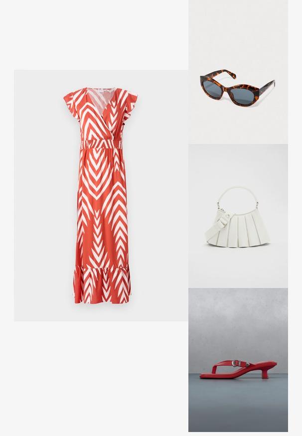 Rotes Kleid mit weißen Zickzackmuster, kurzen Schmetterlingsärmeln, elastischem Bund und gerafftem Saum. Hergestellt aus leichtem Stoff, knielang.; Roter High-Heel-Sandalette mit Schnallenriemen, präsentiert auf Holzfliesen und kleinen Steinen, im Hintergrund eine grüne Pflanze und eine graue Wand.; Schildpatt Katzenaugen-Sonnenbrille mit dunklen Gläsern, die auf einer schlichten hellen Oberfläche liegt.; Lacoste LENGLEN BAG - Handtasche - cristalline
