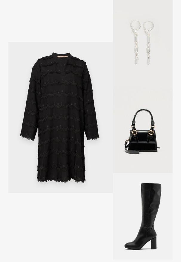 Robe noire à manches longues avec des motifs de broderie à franges et en forme de scallop, décolleté rond avec une fente à l'avant, et ourlet et poignets effilochés.; Botte noire hauteur genou avec une finition en cuir lisse, bout carré et un talon épais. Le design présente une silhouette élégante et ajustée.; Sac à main en cuir verni noir avec ferrures dorées, double poignées supérieures et une bandoulière ajustable. Design structuré avec coutures accentuées.; Boucles d'oreilles pendantes en argent avec des cristaux clairs rectangulaires et ronds alignés verticalement, sécurisées par des fermoirs à levier.