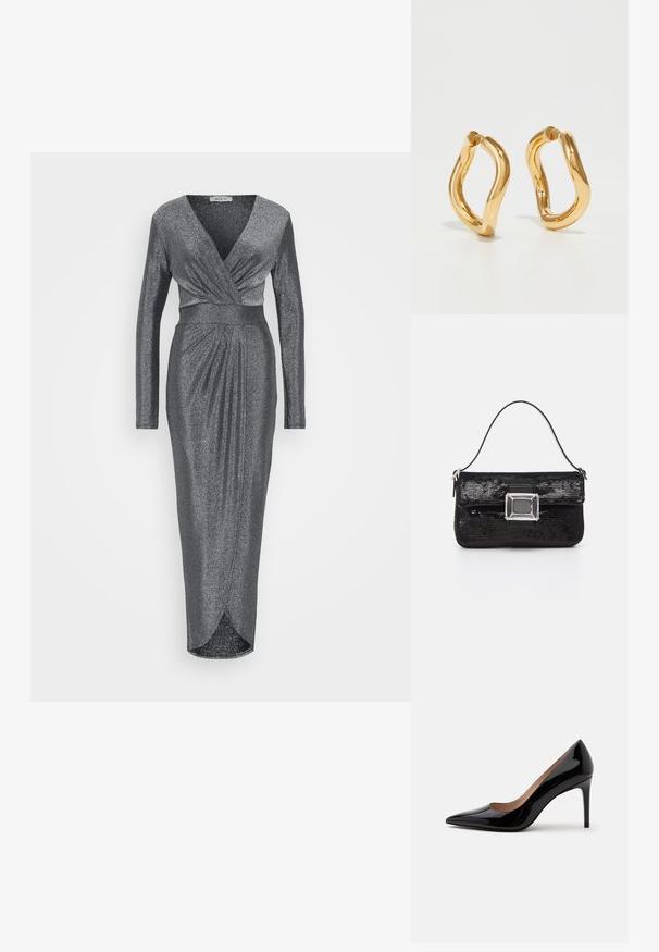 WAL G TALL LOLA GLITTER WRAP DRESS - Oblečenie na špeciálnu príležitosť - silver; Čierna lakovaná lodička na vysokom podpätku s ostrou špičkou a ihličkovým podpätkom, zobrazená z profilu na jednoduchom bielom pozadí.; Čierna kabelka so flitrami, ktorá má obdĺžnikový akrylový uzáver a jedno ucho. Má hladkú textúru a kompaktný obdĺžnikový tvar.; Zlaté kruhové náušnice s zakriveným, nepravidelným tvarom a hladkým, lesklým povrchom. Bez viditeľného hardvéru alebo akcentov.