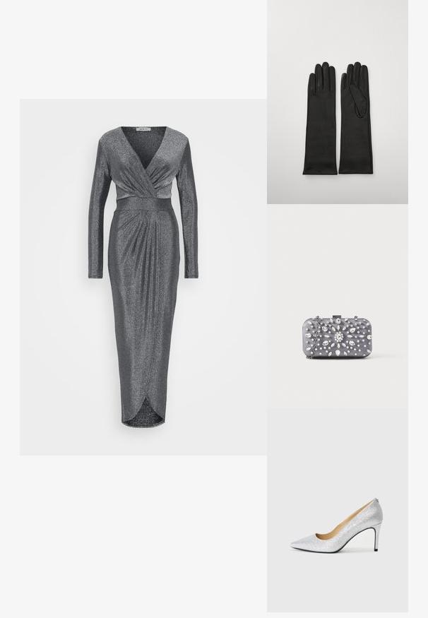 WAL G TALL LOLA GLITTER WRAP DRESS - Oblečenie na špeciálnu príležitosť - silver; Strieborný glitrový lodičkový topánok s špicatou špičkou a hladkým vnútorným podšívaním. Opätok je tenký, čím zvyšuje elegantný dizajn.; Malé obdĺžnikové tmavosivé púzdro zdobené priehľadnými trblietavými kamienkami v žiariacom vzore a strieborným reťazovým remienkom.; Čierne kožené rukavice s hladkým povrchom, so predĺženými prstami a priliehavým strihom, vhodné na formálne nosenie.