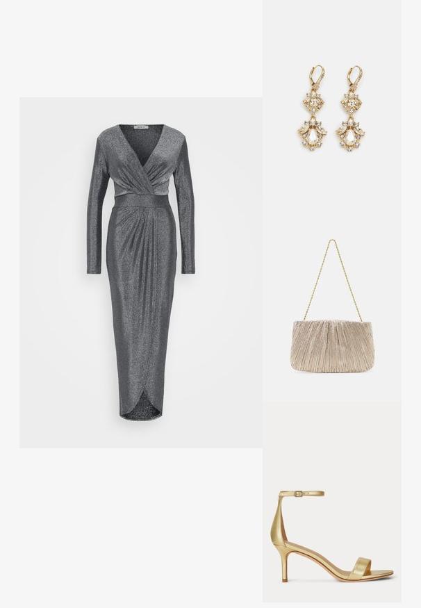 WAL G TALL LOLA GLITTER WRAP DRESS - Pidulikud riided - silver; Kuldne kõrge kontsaga sandaal peene pahkluu rihma ja pandlaga, avatud varbaga ja saleda kontsaga, näidatud küljelt valgel taustal.; Plekitud metallik kangast käekott kuldse ketirihmaga, pehme ristkülikukujuline vorm, heledad beež toonid, tekstureeritud pind ja volditud detailid.; Kuldtooniga ripatsiga kõrvarõngad, mis esitlevad klastridisaini, millel on ümmargused ja tilgasjad selgelt kristallid, näidates keerukat detaili.