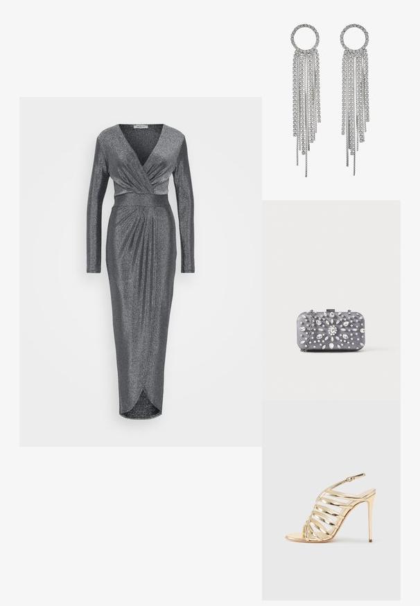 WAL G TALL LOLA GLITTER WRAP DRESS - Oblečenie na špeciálnu príležitosť - silver; Zlatá metalická sandále na vysokom podpätku s otvorenou špičkou, ktorá má krížové pásiky a dizajn s remienkom okolo päty. Hladká textúra s lesklým povrchom.; Malé obdĺžnikové tmavosivé púzdro zdobené priehľadnými trblietavými kamienkami v žiariacom vzore a strieborným reťazovým remienkom.; Strieborné náušnice s kruhovým vrchom a kaskádovými reťazcami a štvorcovými kamienkami, ktoré predvádzajú lineárny, viacerými úrovňami usporiadaný dizajn.