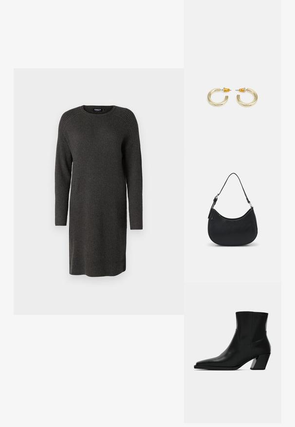 Strickkleid in Dunkelgrau, mit langen Ärmeln, rundem Ausschnitt und einem Rippstrick-Muster, entworfen für eine lockere Passform.; Schwarze Leder-Stiefelette mit spitzem Zeh, schlanker Silhouette und klobigem quadratischem Absatz. Glatte Textur mit minimalen Nähdetails.; Schwarze Hobo-Tasche aus glattem Leder mit einer geschwungenen Silhouette, ausgestattet mit einem einzelnen verstellbaren Trageriemen und minimalistischem Design.; Goldfarbene Creolen mit einer glatten, abgerundeten Form und einer polierten Oberfläche. Mit orangefarbenen Akzenten auf der Rückseite für sicheren Halt.