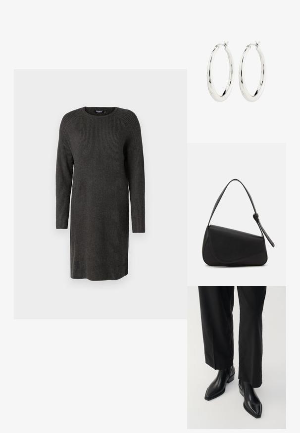 Strickkleid in Dunkelgrau, mit langen Ärmeln, rundem Ausschnitt und einem Rippstrick-Muster, entworfen für eine lockere Passform.; Schwarze Leder-Ankle-Boots mit spitzer Zehe, glatter Textur und quadratischem Absatz. Kombiniert mit schwarzen, weiten Hosen, die eine elegante Silhouette erzeugen.; Schwarze Lederhandtasche mit dreieckiger Form, schrägem Klappdeckel und rundem Oberhandgriff. Verfügt über eine glatte Textur und minimalistische Designdetails.; Silberne Creolen mit einer glatten, glänzenden Oberfläche. Kreisform, ausgestattet mit einem sicheren Verschluss. Einfaches und elegantes Design.