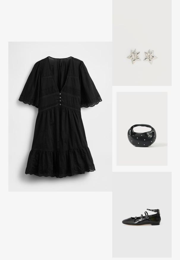 Robe noire avec des manches courtes volantées, un décolleté en V profond, des boutons décoratifs et un ourlet à volants. Présente un motif œillet et des accents de dentelle.; ALDO NELTA - Ballerines - black; Sac à main en cuir noir de forme arrondie, décoré de clous argentés et équipé d'une poignée courte. Texture lisse et fermeture éclair.; Boucles d’oreilles créoles en forme d’étoile argentée avec une finition lisse et polie sur un fond blanc uni.