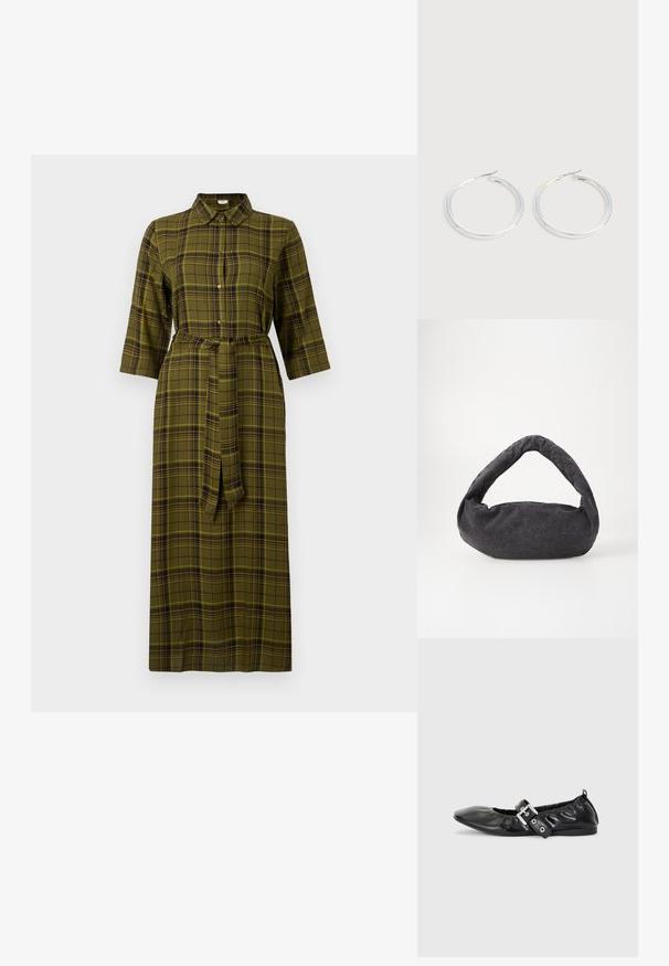 Vihreä ruudullinen midi-mekko, jossa on kauluskotelo, kolmanneksen pituiset hihat, nauhavyö ja napitushyväksyntä edessä.; Musta nahkainen tasapohjainen kenkä, jossa on terävä kärki, rypytetty yksityiskohta aukon ympärillä ja hopeinen solki koristeluna säädettävässä hihnassa.; Tummanharmaa kangaskassi, jossa on kaareva kahva, pehmeä tekstuuri ja pyöreä muoto. Ei näkyvää varustusta tai koristeita.; Pari kiiltäviä hopeisia renkaanmuotoisia korvakoruja, joissa on ohuet langan sulkimet, esillä vaaleanharmaalla taustalla.