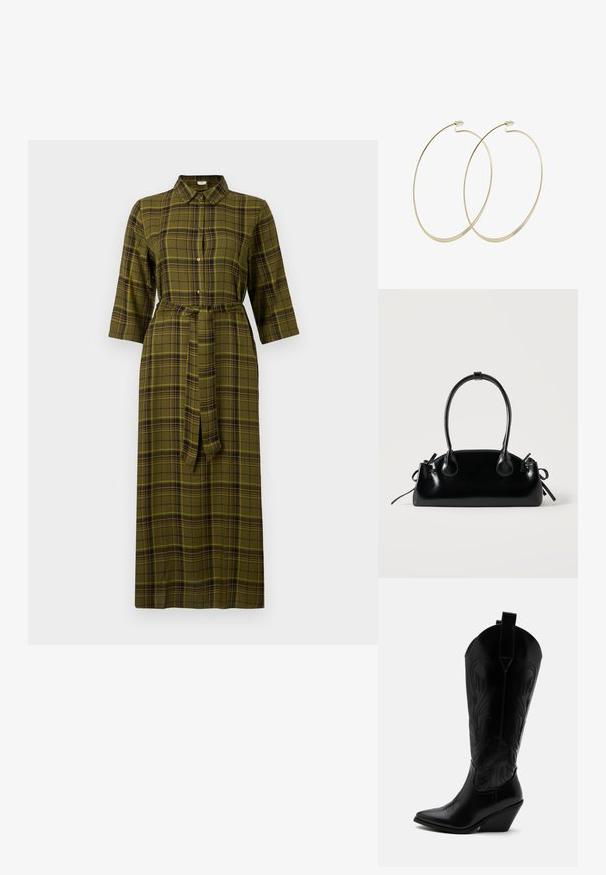 Robe midi à carreaux verts avec un col, des manches trois-quarts, une ceinture à nouer et des boutons sur le devant.; Botte de cowboy en cuir noir avec bout pointu, talon bloc incliné, couture décorative et languettes en haut sur fond blanc.; Petit sac à main noir brillant avec deux longues anses et des détails à cordon sur les côtés sur un fond clair uni.; Pilgrim Boucles d'oreilles - gold-coloured