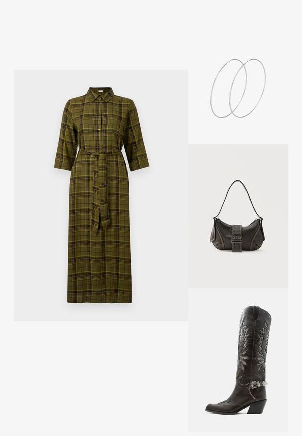 Robe midi à carreaux verts avec un col, des manches trois-quarts, une ceinture à nouer et des boutons sur le devant.; Botte de cowboy en cuir noir avec découpes décoratives, boucle argentée et talon incliné, présentée sur fond blanc.; Sac à épaule en cuir noir avec une sangle à boucle, des bords arrondis et des coutures blanches contrastées sur un fond uni.; Boucles d'oreilles en argent au design minimaliste. Forme circulaire, texture lisse et profil fin. Légères avec une finition polie.