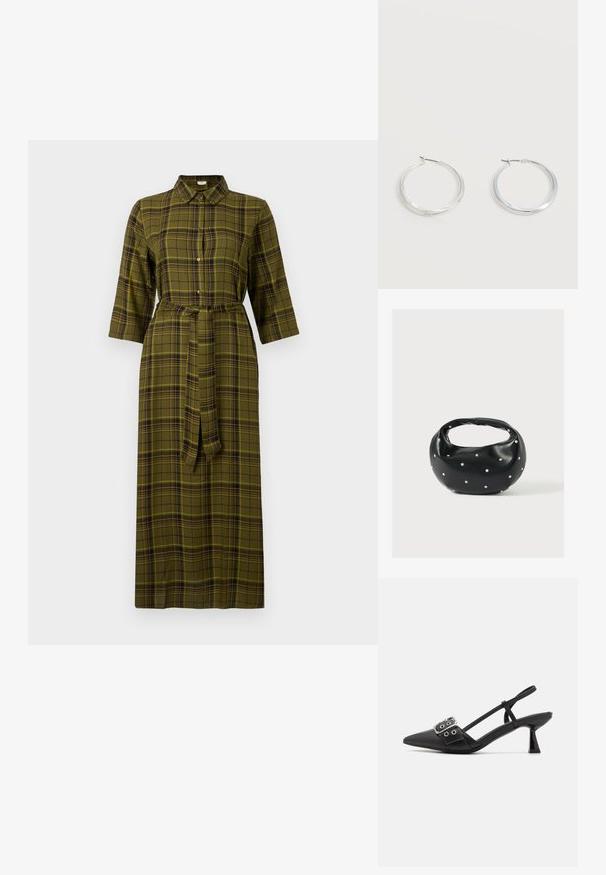 Vihreä ruudullinen midi-mekko, jossa on kauluskotelo, kolmanneksen pituiset hihat, nauhavyö ja napitushyväksyntä edessä.; Simmi London DALA - Avokkaat - black; Musta nahkainen käsilaukku, jossa on pyöreä muoto, koristeltu hopeisilla niittikoristeilla ja lyhyt kahva. Sileä pinta ja vetoketjullinen suljenta.; Hopeiset metalliset renkaskorvakorut, joissa on sileä, hieman kaareva pinta ja lukolliset takakiinnitykset yksinkertaisella valkoisella taustalla.