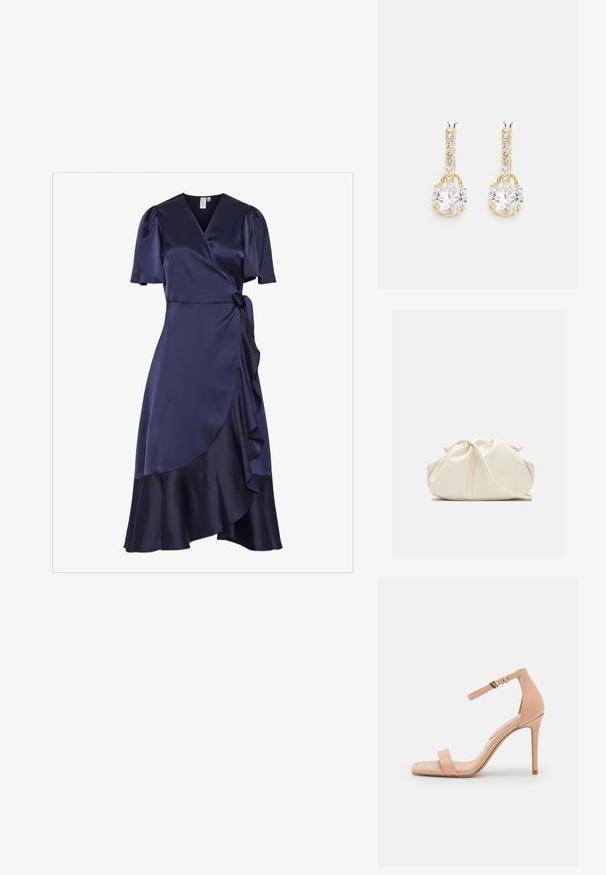 Vestido envolvente de satén azul marino con mangas cortas abullonadas, dobladillo con volantes y un cinturón para anudar en la cintura. Textura suave con una silueta fluida.; Sándalo de tacón alto en color nude con punta cuadrada, que cuenta con una sola tira en el dedo y una tira en el tobillo asegurada por una hebilla dorada. Textura de cuero suave.; Bolso de mano de cuero suave de color crema con diseño fruncido y plisado y una delgada correa para el hombro que descansa delante sobre un fondo liso.; Pendientes colgantes de tono dorado que presentan un gran cristal transparente redondo y una fila de cristales transparentes más pequeños engastados en el cierre tipo palanca.