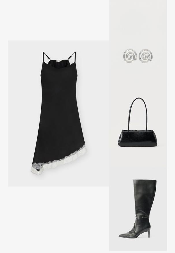 Robe nuisette noire avec fines bretelles ajustables et ourlet asymétrique bordé de dentelle blanche.; Bottes noires en cuir montant jusqu'au genou, avec un talon fin, un bout pointu et des détails de lanière à la cheville. Texture lisse et design ajusté.; Sac à épaule rectangulaire noir avec de longues bretelles fines et une texture lisse et brillante sur un fond uni.; Paire de boucles d'oreilles en forme d'anneau spirale en argent avec un design lisse et arrondi sur fond blanc uni.