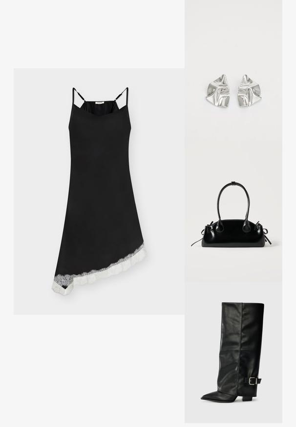 Robe nuisette noire avec fines bretelles ajustables et ourlet asymétrique bordé de dentelle blanche.; Bottes noires en cuir longueur cheville avec un bout pointu, texture lisse et une accent en boucle argentée sur le côté. Talon carré épais.; Petit sac à main noir brillant avec deux longues anses et des détails à cordon sur les côtés sur un fond clair uni.; Boucles d'oreilles en métal argenté avec un design ondulé et sculptural, présentant une finition polie et des formes irrégulières, mettant en valeur une esthétique contemporaine.