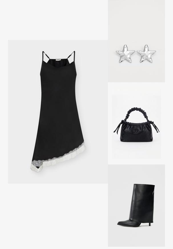 Robe nuisette noire avec fines bretelles ajustables et ourlet asymétrique bordé de dentelle blanche.; Bottine en cuir noir avec un design structuré à rabat, bout pointu et talon fin. Texture lisse avec un minimum de détails.; Sac à main noir avec texture crocodile, bord supérieur froncé, poignée plissée et pompons à cordon de chaque côté sur fond blanc.; Boucles d'oreilles argentées en forme d'étoile, avec une surface lisse et brillante. Chaque boucle d'oreille possède cinq pointes et des détails subtils de texture de surface.