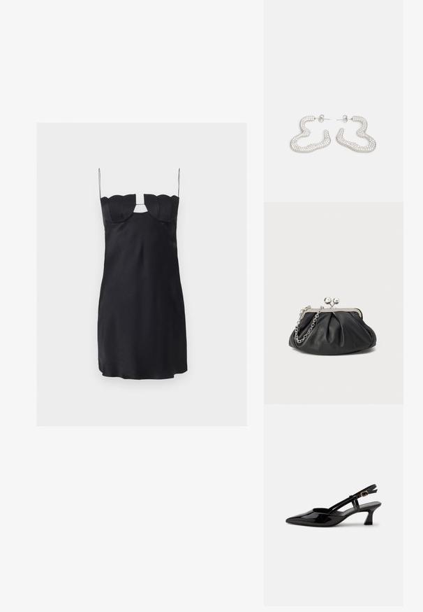 Mini-robe noire avec un buste structuré en forme de coquillage, fines bretelles spaghetti et une découpe en forme de trou de serrure sous le décolleté.; Chaussure slingback en cuir verni noir à petit talon, bout pointu et bride réglable avec boucle dorée sur fond blanc.; Porte-monnaie en cuir noir avec texture froncée, cadre en métal argenté, fermeture à verrouillage kiss-lock et bandoulière en chaîne. Surface lisse et douce.; Boucles d'oreilles en métal argenté au design abstrait et ondulé, ornées de petits cristaux scintillants. Fermeture arrière à clou sécurisée.