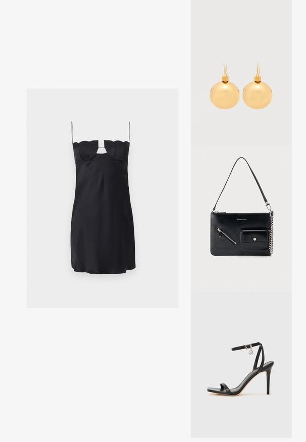 Mini-robe noire avec un buste structuré en forme de coquillage, fines bretelles spaghetti et une découpe en forme de trou de serrure sous le décolleté.; Sandale à talon haut noire avec une bride étroite à la cheville, bout carré, cuir lisse et accent de boucle métallique.; Sac à bandoulière en cuir noir Michael Kors avec fermeture éclair supérieure, poche avant zippée en diagonale, poche à rabat avec bouton-pression et détail en chaîne argentée.; Paire de boucles d'oreilles boule de Noël dorées brillantes avec fermoirs à crochet sur fond blanc uni.