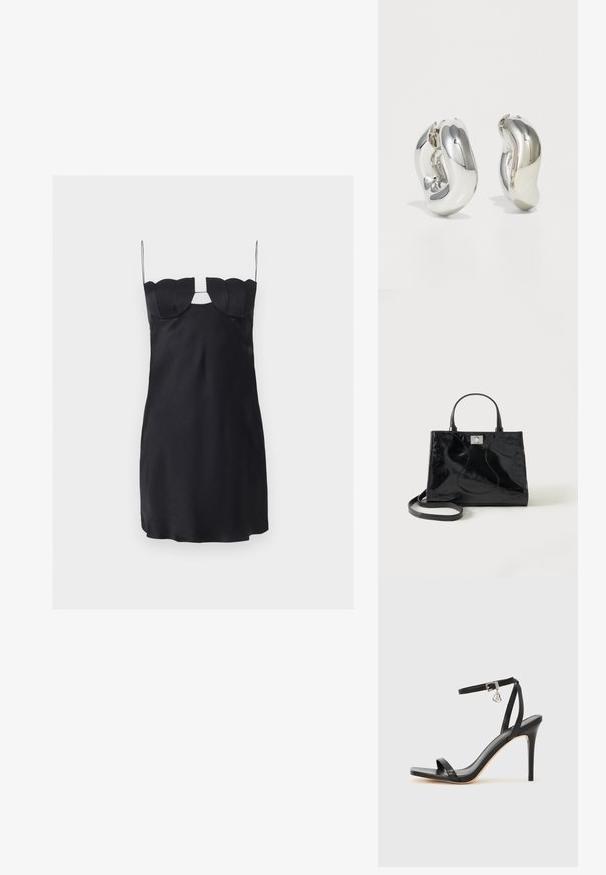 Mini-robe noire avec un buste structuré en forme de coquillage, fines bretelles spaghetti et une découpe en forme de trou de serrure sous le décolleté.; Sandale à talon haut noire avec une bride étroite à la cheville, bout carré, cuir lisse et accent de boucle métallique.; Sac à main en cuir verni noir avec poignées arrondies, bandoulière détachable et fermeture à boucle argentée sur fond blanc uni.; Boucles d'oreilles sculpturales en argent avec des formes douces et courbes et des surfaces réfléchissantes. Présentent un design de boucle fermée et une forme organique distincte.