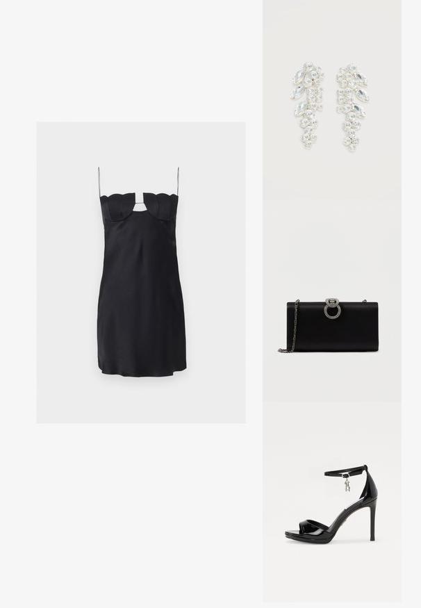 Mini-robe noire avec un buste structuré en forme de coquillage, fines bretelles spaghetti et une découpe en forme de trou de serrure sous le décolleté.; Sandales à talons hauts en cuir verni noir avec un bout ouvert, une bride à la cheville et un accent de charme en argent. Dispose d'un design élégant et moderne.; Pochette en satin noir avec une fermeture circulaire en métal argenté ornée de strass, dotée d'une chaîne amovible.; Paire de boucles d’oreilles ton argent avec cristaux clairs taillés en grappes, en formes rondes et marquise sur fond blanc.
