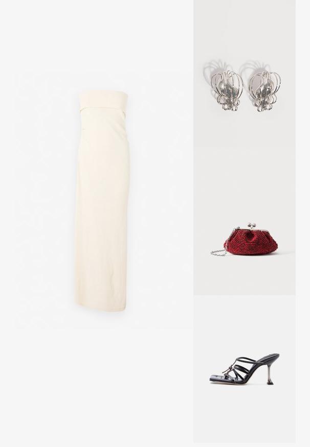 CLOSED BANDEAU DRESS - Strikkjoler - off white; Sort højhælet sandal med stropper, firkantet tå og tynd stilet hæl, med overlappende stropper og en knudedetalje på overdelen.; Lille rød perlebesat clutch med sølvspænde og kæderem på en ensartet hvid baggrund.; Par sølvøreringe i metal med åbent trådburdesign og glatte, centrale ovale former, der kaster buede skygger på en hvid baggrund.