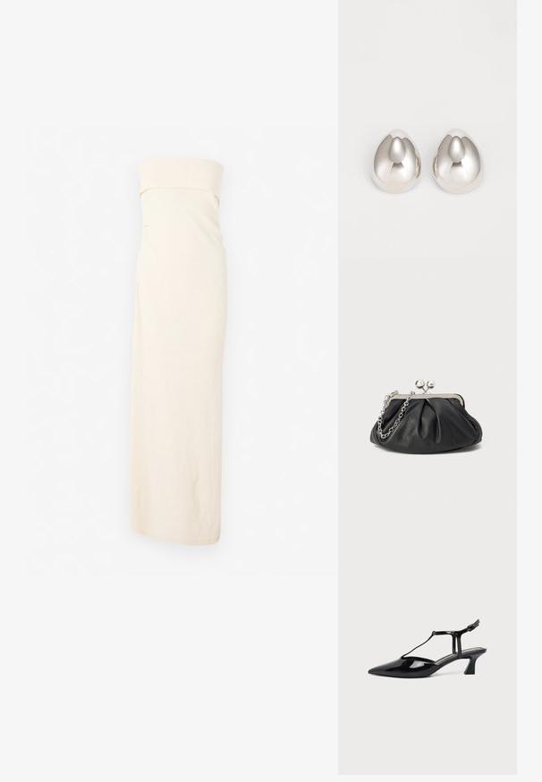 CLOSED BANDEAU DRESS - Strikkjoler - off white; Sort lakeret læder damesko med lav hæl, slingback, spids tå og tynd rem med lille spænde.; Sort læder clutch med samlet tekstur, sølvfarvet metalramme, kys-lås lukning og kædestrop. Glat, blød overflade.; Sølv metal øreringe med et glat, afrundet design, der ligner en dråbeform, og har en reflekterende overflade og sømløs finish.