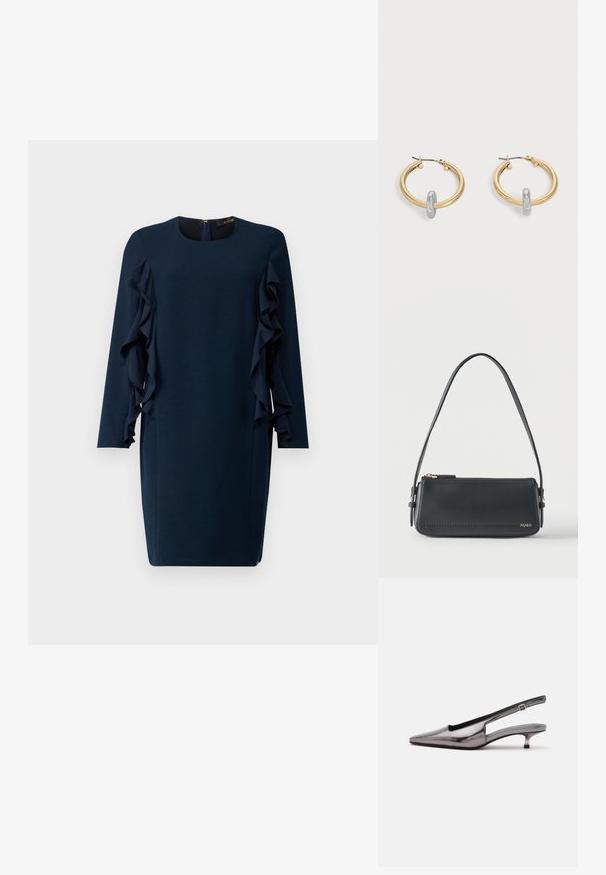 Navy blauwe jurk met lange mouwen, ronde halslijn en asymmetrische ruches aan de zijkanten. Ritsluiting aan de achterkant.; Metallic grijze slingback-schoen met spitse neus, lage kittenhak en verstelbare band op een witte achtergrond.; Zwarte rechthoekige lederen schoudertas met gouden ritssluiting en klein goudkleurig "HUGO"-logo aan de voorkant, voorzien van een verstelbare riem met gesp.; Paar goudkleurige creolen met kleine zilverkleurige lusdetail op elk, weergegeven tegen een lichtgrijze achtergrond.