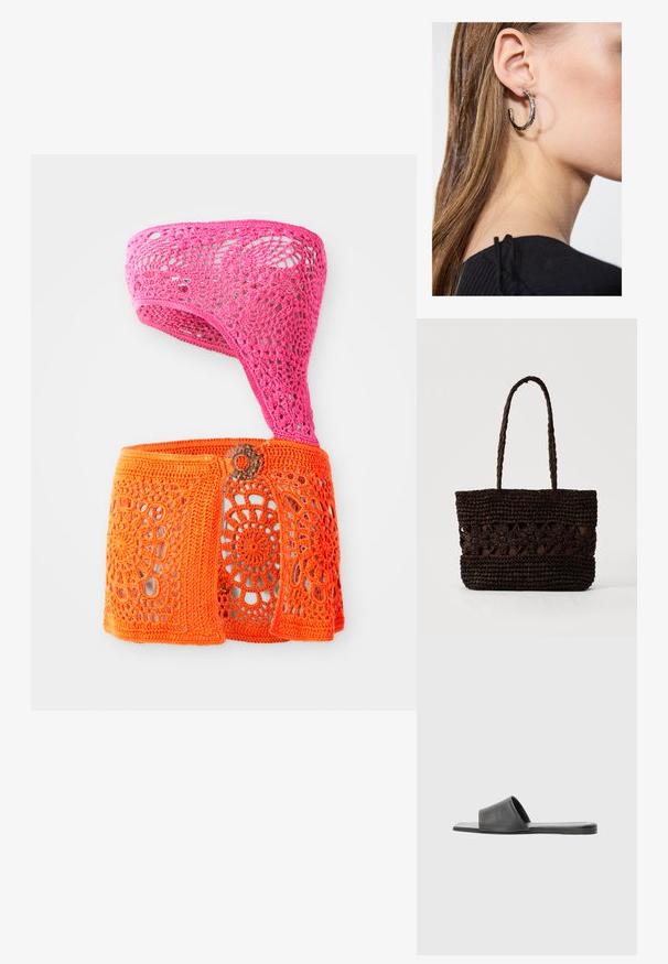 Top de ganchillo en rosa y naranja, con un diseño asimétrico que presenta patrones florales y detalles recortados. Hecho de hilo texturizado.; Sandalia deslizante de piel negra con una amplia correa y suela plana, que presenta una textura suave y un diseño minimalista.; Bolso tote de color marrón oscuro tejido con patrones florales y dos asas largas trenzadas sobre un fondo claro y sencillo.; Pendiente de aro de plata con un acabado pulido, que presenta pequeños detalles en dorado y una forma redonda, llevado en el lóbulo.