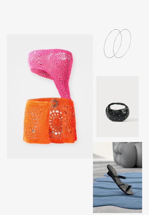 Top de ganchillo en rosa y naranja, con un diseño asimétrico que presenta patrones florales y detalles recortados. Hecho de hilo texturizado.; Sandalia negra con tiras y lazo para el dedo en una alfombra texturizada azul, con un gran objeto decorativo gris desenfocado en el fondo.; Bolso de mano de cuero negro con forma redondeada, decorado con detalles de tachuelas plateadas y un asa corta. Textura lisa y cierre con cremallera.; Pendientes de aro plateados con un diseño minimalista. Forma circular, textura suave y perfil delgado. Livianos con un acabado pulido.