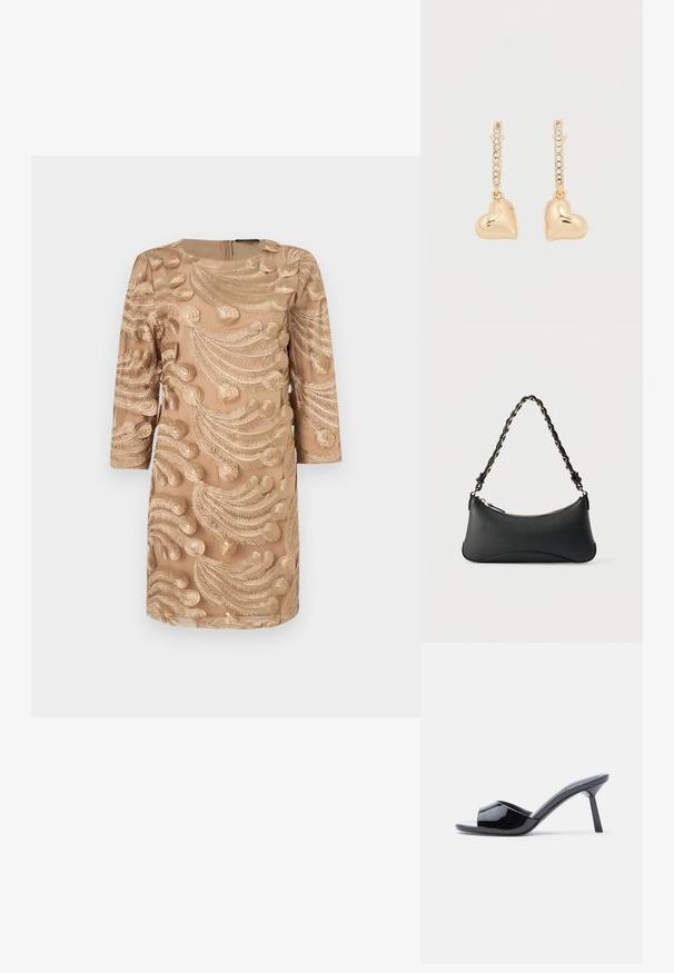Beige jurk met driekwart mouwen, voorzien van ingewikkelde gouden borduursels in een spiraalvormig bladerenpatroon. Rits aan de achterkant, gladde textuur.; Zwarte lakleren open-teen sandalen met hak, met een gebogen bovenkant ontwerp en een taps toelopende naaldhak. Gladde glanzende afwerking.; Zwarte lederen schoudertas met een gebogen rechthoekige vorm, gouden ketting verweven in een gevlochten zwarte band, en een ritssluiting bovenop.; Gouden oorbellen met hartvormige hangers, geaccentueerd door een rij van kleine strass-steentjes op de ring. Reflecterend, glad oppervlak.