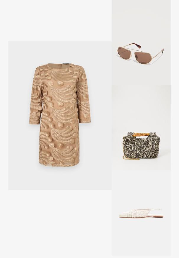 Beige kjole med trekvartærmer, prydet med detaljeret guldbroderi i et svungent bladmønster. Lynlås i ryggen, glat tekstur.; Flad hvid fletlædersko med slingback, spids tå og lav brun sål på neutral baggrund.; Slankt par solbriller med gyldne geometriske metalstel og brune tonede linser, der hviler på en hvid overflade.; Vævet taske med et struktureret sort og creme mønster, bambushåndtag og en aftagelig guldkæde-strop. Kompakt rektangulær form.