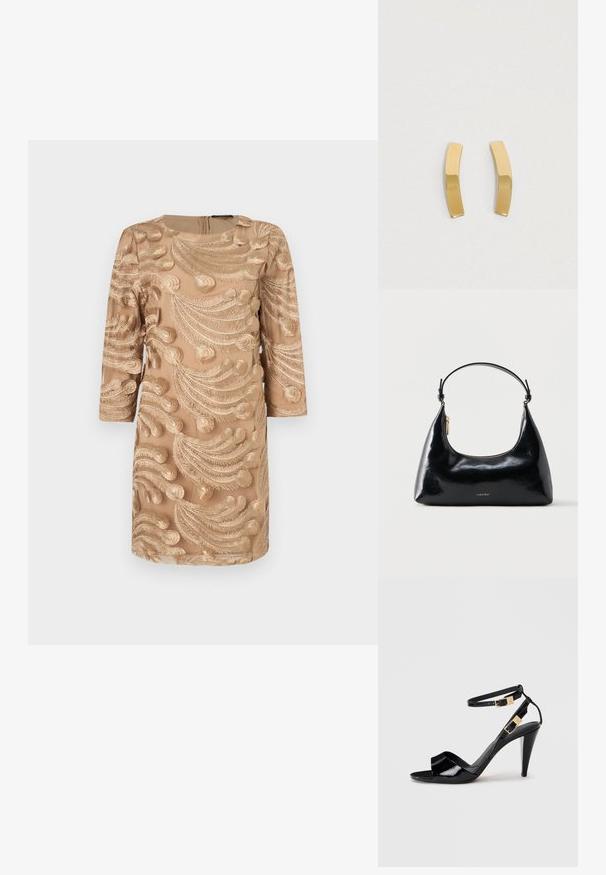 Beige jurk met driekwart mouwen, voorzien van ingewikkelde gouden borduursels in een spiraalvormig bladerenpatroon. Rits aan de achterkant, gladde textuur.; Zwart lakleren hoge hak sandaal met dubbele enkelbandjes en gouden gespen, open teen en slanke, taps toelopende hak op een neutrale achtergrond.; Zwarte glanzende Calvin Klein handtas met gouden rits en korte band tegen een effen witte achtergrond.; Gouden metalen oorbellen met een gebogen, langwerpig ontwerp. Het oppervlak is glad en gepolijst, met een minimalistische stijl.