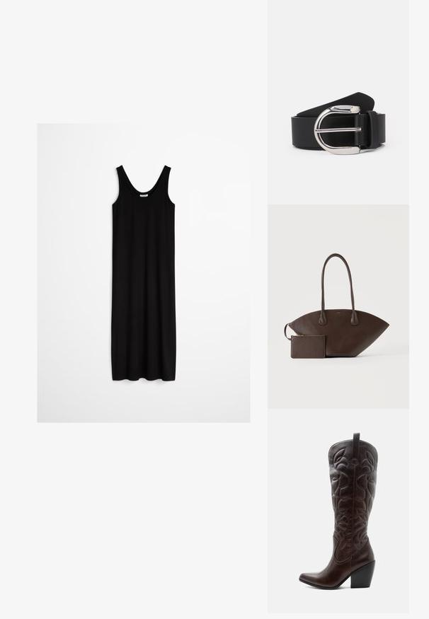 Robe maxi noire sans manches avec encolure dégagée et coupe droite ample, suspendue devant un fond clair uni.; Botte de cowboy haute en cuir marron foncé avec motifs décoratifs cousus, bout pointu et talon bloc empilé.; Sac à main en cuir marron foncé avec longues poignées et petite pochette assortie zippée sur un fond clair uni.; Ceinture en cuir noir avec une boucle en métal argenté, présentant une texture lisse et un design classique. La sangle mesure 3,8 cm de large.