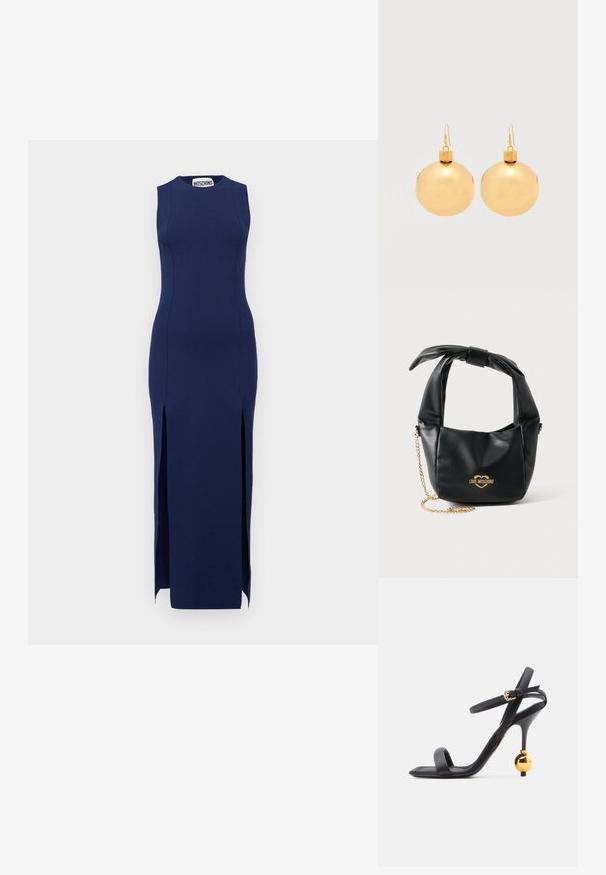 Navyblauw mouwloos jurk met een getailleerde silhouette, zijsplitten en een ronde halslijn, gemaakt van rekbaar materiaal. Merkenlabel zichtbaar bij de hals.; Zwarte sandaal met hoge hak, dunne enkelriem en uniek gouden bolvormig hakdetail, met een vierkante neus.; Zwarte zachte leren Love Moschino handtas met geknoopt handvat en gouden kettingriem op een witte achtergrond.; Een paar glanzende gouden kerstbal-oorbellen met haaksluitingen op een effen witte achtergrond.
