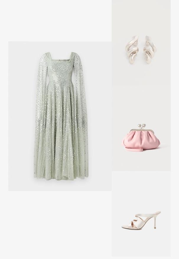Robe longue en vert pastel avec décolleté carré, longues manches transparentes et une coupe cintrée qui s'évasent, ornée de sequins argentés.; Mule beige à talon haut avec un bout pointu, un talon aiguille fin et trois larges brides en cuir sur le dessus du pied.; Petit sac pochette doux rose avec cadre métallique argenté et fermoir rond, reposant sur une surface plate et claire avec une bride de poignet repliée devant.; Boucles d'oreilles clips en métal argenté torsadé avec une finition lisse et brillante, présentant un design moderne et abstrait en spirale.