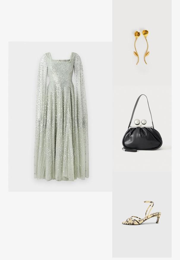 Lang, pastelfarvet grøn kjole med firkantet halsudskæring, lange gennemsigtige ærmer og en fit-and-flare design, udsmykket med sølvfarvede palietter overalt.; Hæl sandal med leopardprint i gul og sort. Har tynde, krydsede remme og en slank, tilspidset hæl for en elegant silhuet.; Sort læderhåndtaske med opsamlet design, en enkelt rem, sølv metalramme og to store runde sølv lukninger.; Øreringe i guldfarvet metal formet som blomster med buede stilke og et enkelt blad på hver stilk, mod en hvid baggrund.