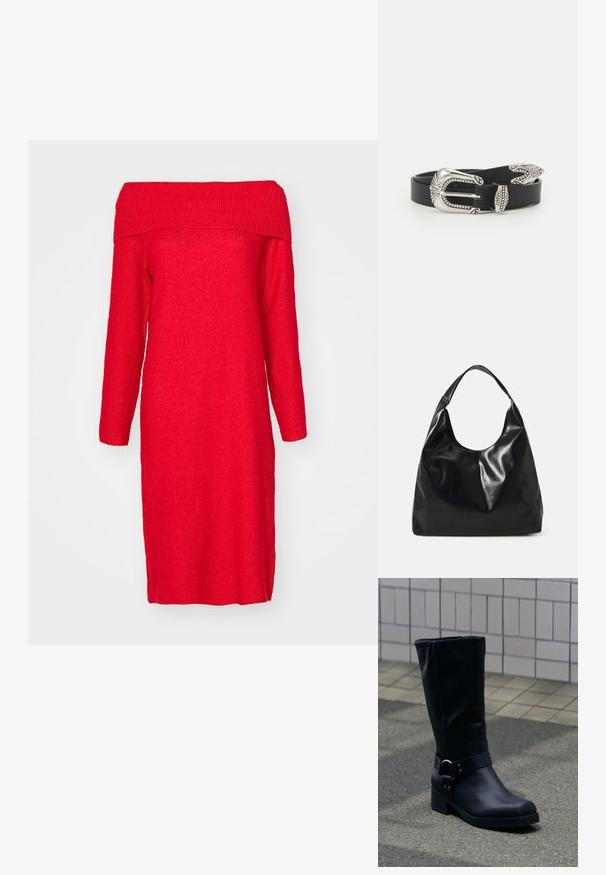 Robe tricotée rouge, décolletée sur les épaules, avec des manches longues, présentant un col côtelé et une silhouette droite. Texture douce et longueur au genou.; Botte en cuir noire mi-mollet avec un petit talon bloc et une bride décorative avec boucle métallique autour de la cheville, sur un trottoir carrelé.; Sac hobo en cuir noir avec une texture douce et brillante et un haut ouvert arrondi. Dispose d'une large sangle courbée pour le transport. Pas de matériel visible.; Ceinture en cuir noir avec une grande boucle en métal argenté dotée de détails complexes et d'accents décoratifs à chaque extrémité.