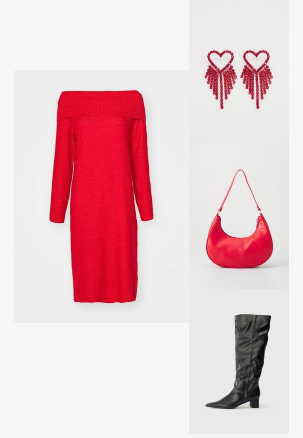 Robe tricotée rouge, décolletée sur les épaules, avec des manches longues, présentant un col côtelé et une silhouette droite. Texture douce et longueur au genou.; Bottes noires en cuir jusqu'au genou avec un bout pointu, un tige décontractée et un talon carré. Texture lisse avec peu de coutures visibles.; Sac à épaule en simili cuir rouge au design courbé, avec une bandoulière fine et une fermeture éclair. Texture lisse avec des détails de couture visibles.; Even&Odd by Zalando Boucles d'oreilles - red
