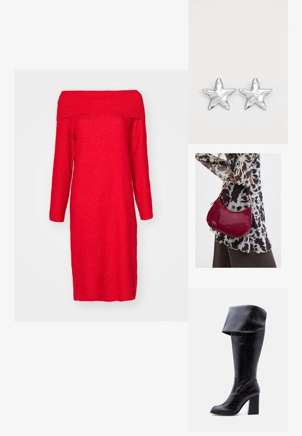Rotes, schulterfreies Strickkleid mit langen Ärmeln, ausgestattet mit einem gerippten Ausschnitt und einer geraden Silhouette. Weicher Stoff und knielang.; Hoher schwarzer Lederstiefel mit Absatz, umgeschlagenem Umschlag und abgerundetem Zehenbereich, steht aufrecht auf weißem Hintergrund.; Frau trägt eine schwarz-weiß gemusterte Bluse und hält eine glänzende rote Schultertasche vor einem einfarbigen Hintergrund.; Silberne sternförmige Ohrringe mit einer polierten, glänzenden Oberfläche. Jeder Ohrring hat fünf Spitzen und dezente Oberflächentexturdetails.