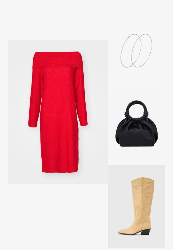 Rotes, schulterfreies Strickkleid mit langen Ärmeln, ausgestattet mit einem gerippten Ausschnitt und einer geraden Silhouette. Weicher Stoff und knielang.; RAID VAANYA - Cowboy-/Bikerboot - nude; Schwarze weiche Stoffhandtasche mit gerafftem oberen Rand und runden, gepolsterten Griffen, die auf jeder Seite mit Knoten gebunden sind.; Silberne Creolen mit minimalistischem Design. Rundform, glatte Oberfläche und dünnes Profil. Leichtgewichtig mit hochglänzender Oberfläche.