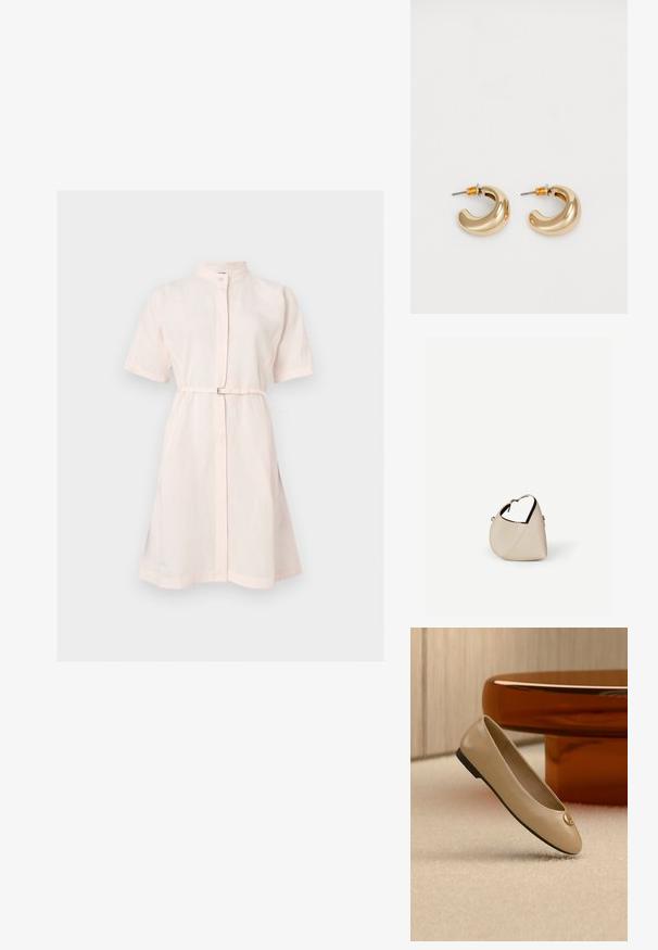Robe courte rose clair à manches courtes, longueur genou, col montant, fermeture à boutons devant et ceinture fine à la taille.; Ballerine beige en cuir avec semelle noire et emblème doré sur l’orteil, positionnée sur un tapis crème à côté d’un meuble arrondi couleur ambre.; Sac à main en cuir beige en forme de croissant avec une seule bandoulière et des coutures minimalistes, posé sur un fond blanc uni.; Deux boucles d'oreilles en forme de cerceau en or brillant, avec un design courbé, présentant des accents orange près de la tige, sur fond blanc uni.