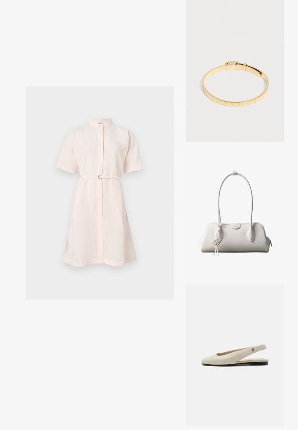 Robe courte rose clair à manches courtes, longueur genou, col montant, fermeture à boutons devant et ceinture fine à la taille.; Chaussure plate slingback en cuir couleur crème avec un bout arrondi et un petit emblème doré sur la bride.; Sac à bandoulière blanc Calvin Klein avec longues poignées, forme rectangulaire, fermeture éclair et charm logo décoratif suspendu près de la poignée.; Ceinture métallique flexible de couleur dorée avec une surface texturée et une fermeture à boucle, présentée sur un fond clair uni.